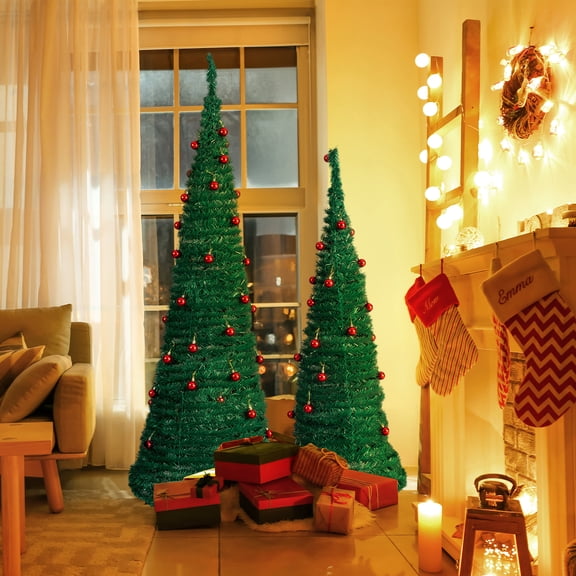 UBesGoo 2-Pack Artificial Christmas Trees, 6FT & 5FT Pop-Up Design with Red Ball Ornaments, Green Holiday Decor