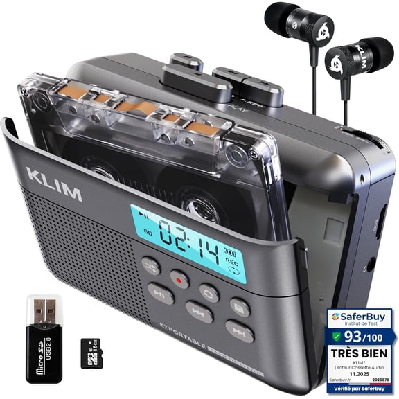 Restored KLIM K7 Cassette Tape Player & MP3 Converter, Portable, Built-in Microphone & Speaker, Rechargeable, Earphones & 16GB SD Card Included, Ash Gray