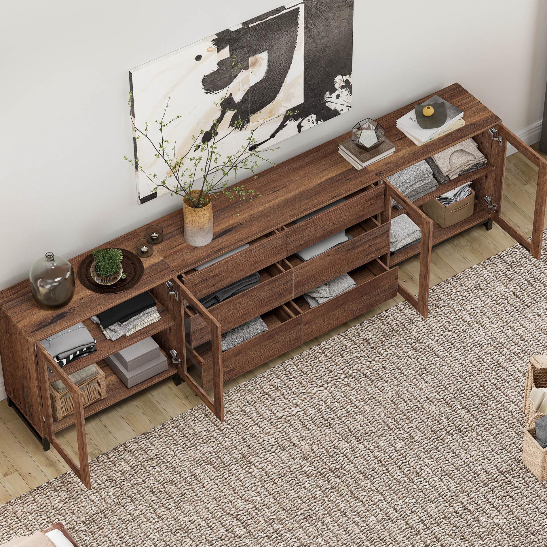 3 In 1 Multifunctional Sideboard Buffet Cabinets With Glass Doors And 6 Drawers, Modern Sideboard Credenza With Adjustable Shelf And Metal Base, Brown