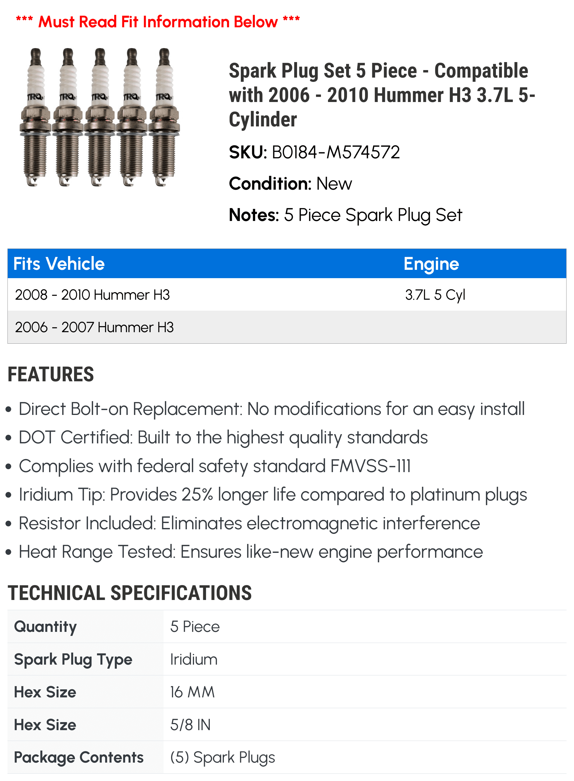 Spark Plug Set 5 Piece - Compatible with 2006 - 2010 Hummer