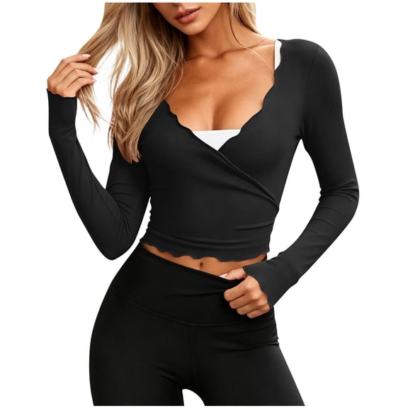 MYAOYI Womens Tops Wrap Front Long Sleeve Crop Top Scallop Trim V Neck Ribbed Knit Fitted Casual Tops