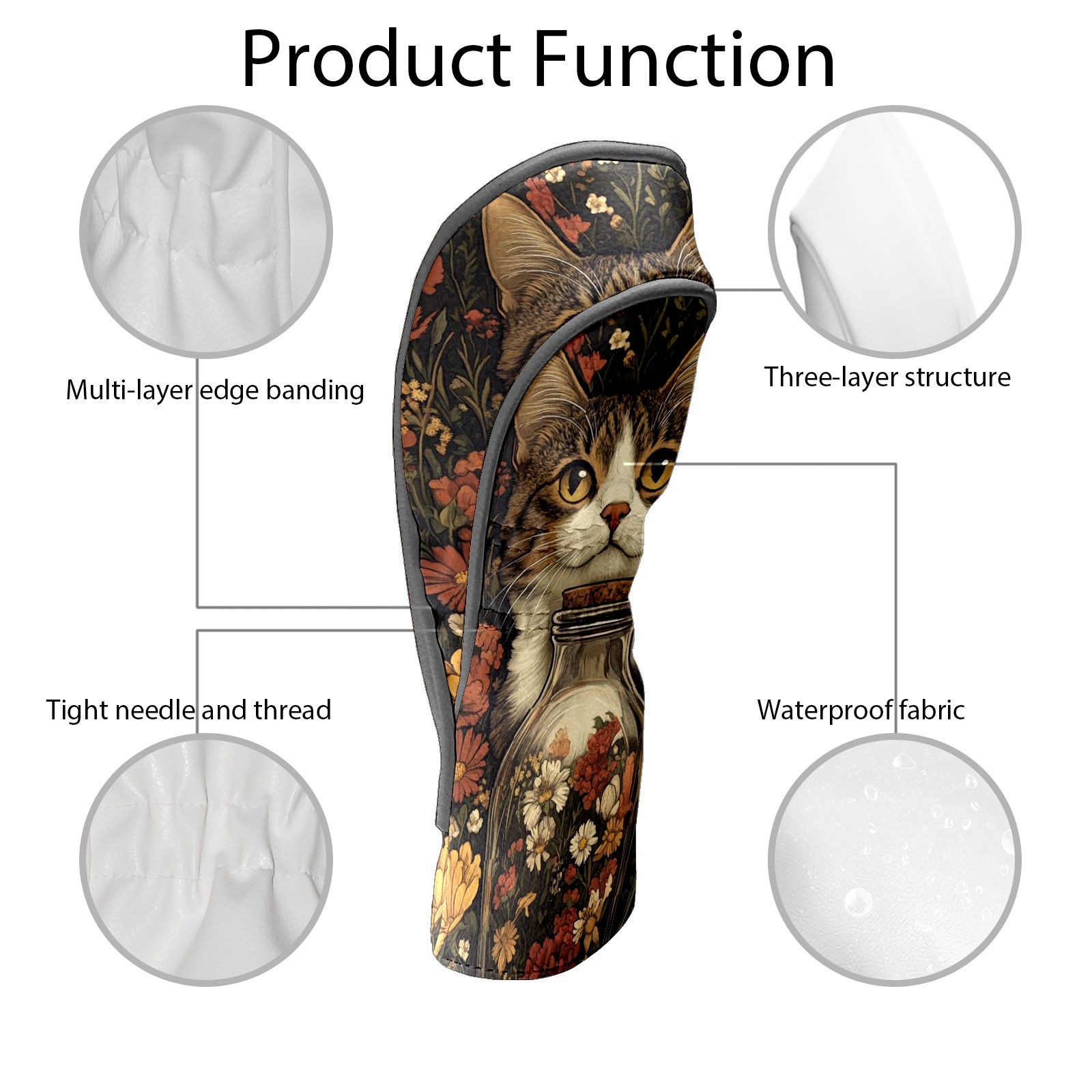 Golf Club Covers PU Leather Waterproof Head Covers for Fairway Woods Hybrids Cats And Flowers Unisex Fits Most Brands