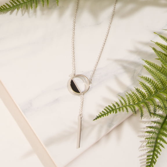 Howard's Silver and Black Circle Dainty Y-Drop 16" Pendant Necklace for Women