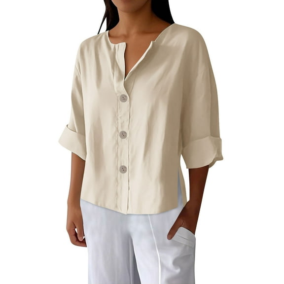 Button Down Shirts for Women 3/4 Sleeve Cotton and Linen Fashion Solid Color V Neck Loose T Thirt Blouse