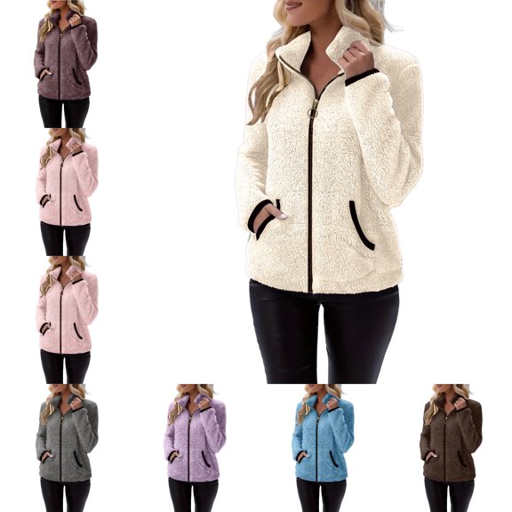 FAHUOMU Womens Zip Up Coat Soft Cozy Fleece Long Sleeve Stand Collar Jacket Oversized Short Clothes With Pockets