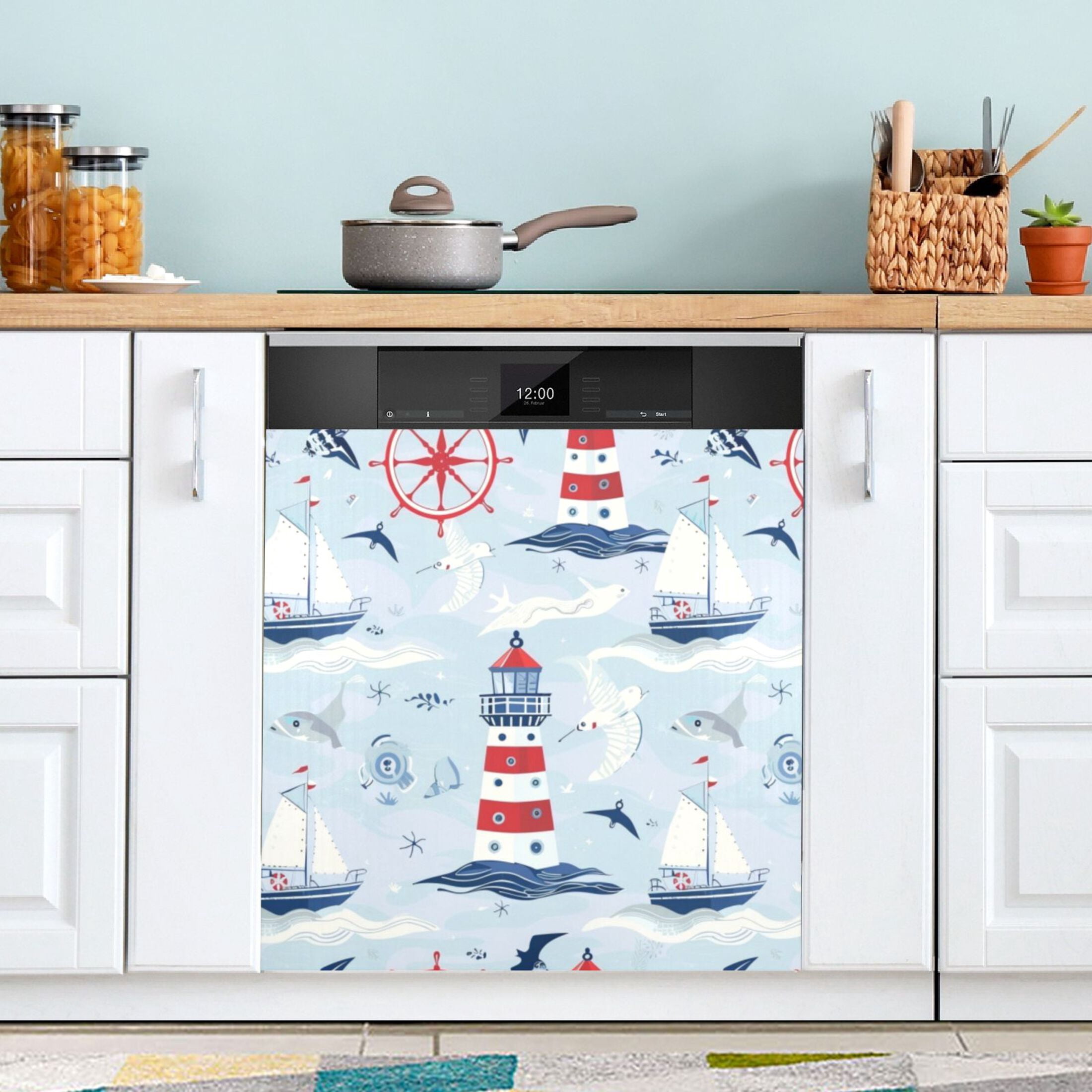 Dishwasher Magnetic Sticker 23x26 Inch Refrigerator Magnetic Sticker Washing Machine Magnetic Sticker Kitchen Panel Magnetic Sticker Home Decor Cartoon Red Lighthouse