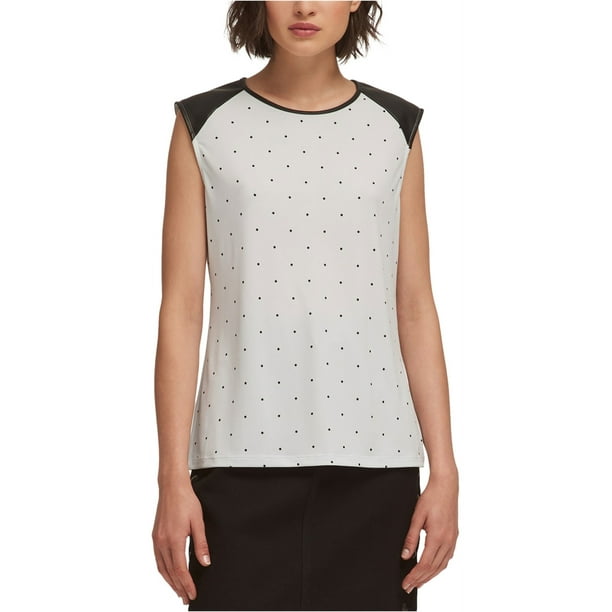 DKNY Blusa con ribete de piel sintética para mujer, azul, mediano