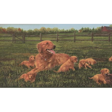 Farm Dog Puppies in the Field Extra Wide Wallpaper Border Retro Design