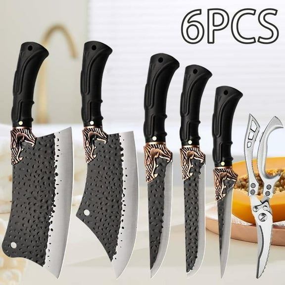 6PCS Professional Kitchen Chef Knife Stainless Steel Handmade Forged Knife Butcher Knife Meat Cleaver for Kitchen Convenience Utility Knife Vegetable Knife Boning Knife Kitchen Scissor Cutting Knife