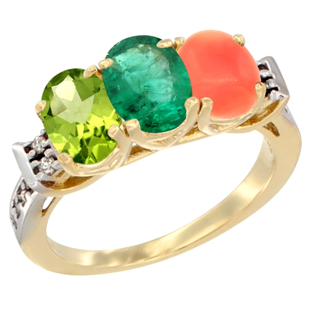 10K Yellow Gold Natural Peridot, Emerald & Coral Ring 3-Stone Oval 7x5 mm Diamond Accent, sizes 5 10 by WorldJewels