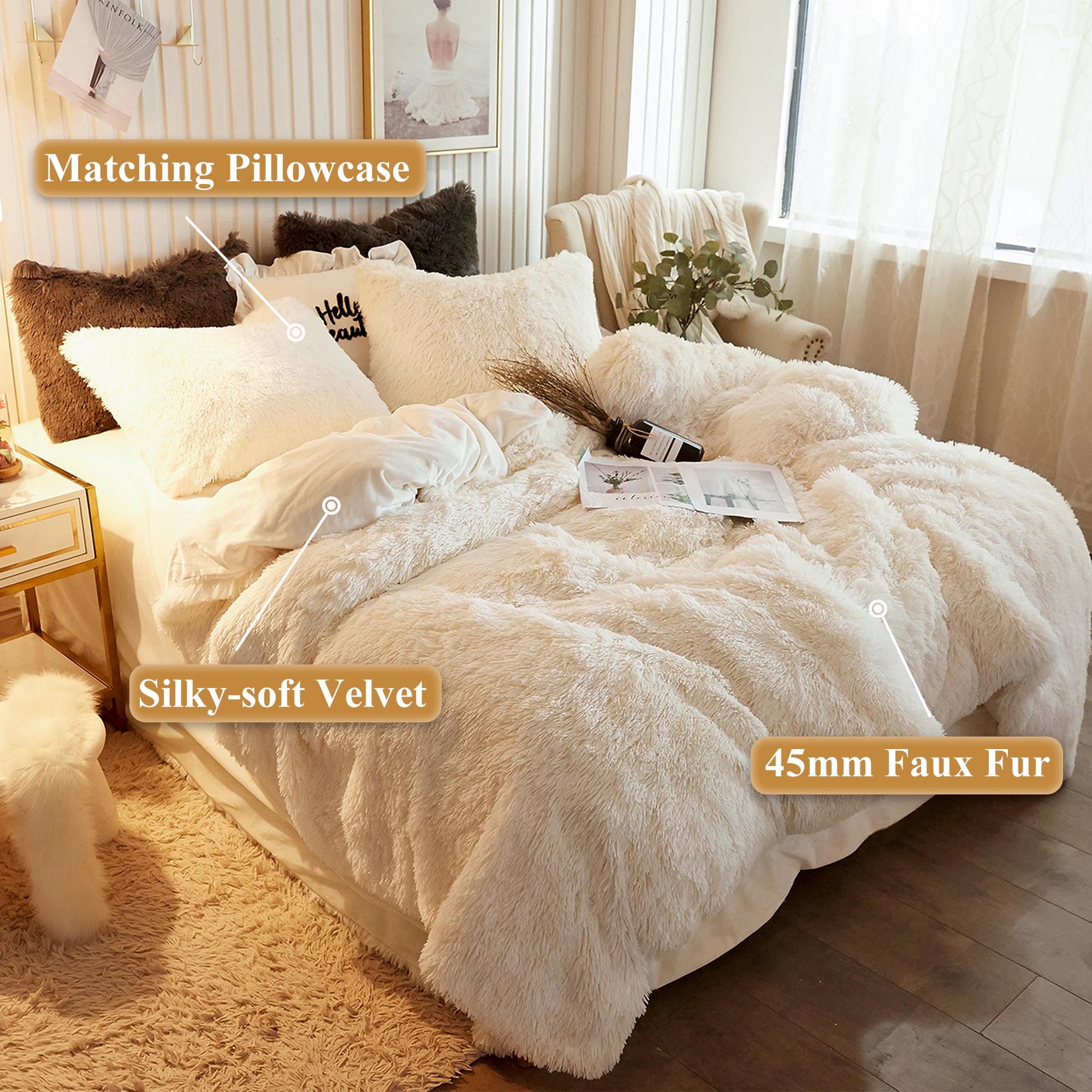 XeGe 3 Piece Fluffy Faux Fur Duvet Cover Set King, Luxury Ultra Soft Velvet Shaggy Plush Bedding Set, Ivory Fuzzy Comforter Cover with 2 Furry Pillow Cases, Zipper Closure, King Size, Beige