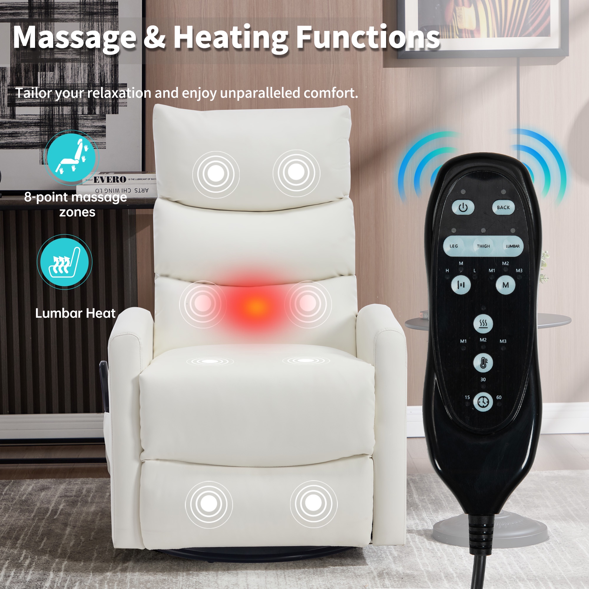 PAPROOS Rocker Recliner with Heat Therapy and Massage, PU Leather 360°Swivel Rocker Recliner, Rocking Chair for Nursery, Small Rocking Recliner, Manual Recliner for Home Theater Living Room, White