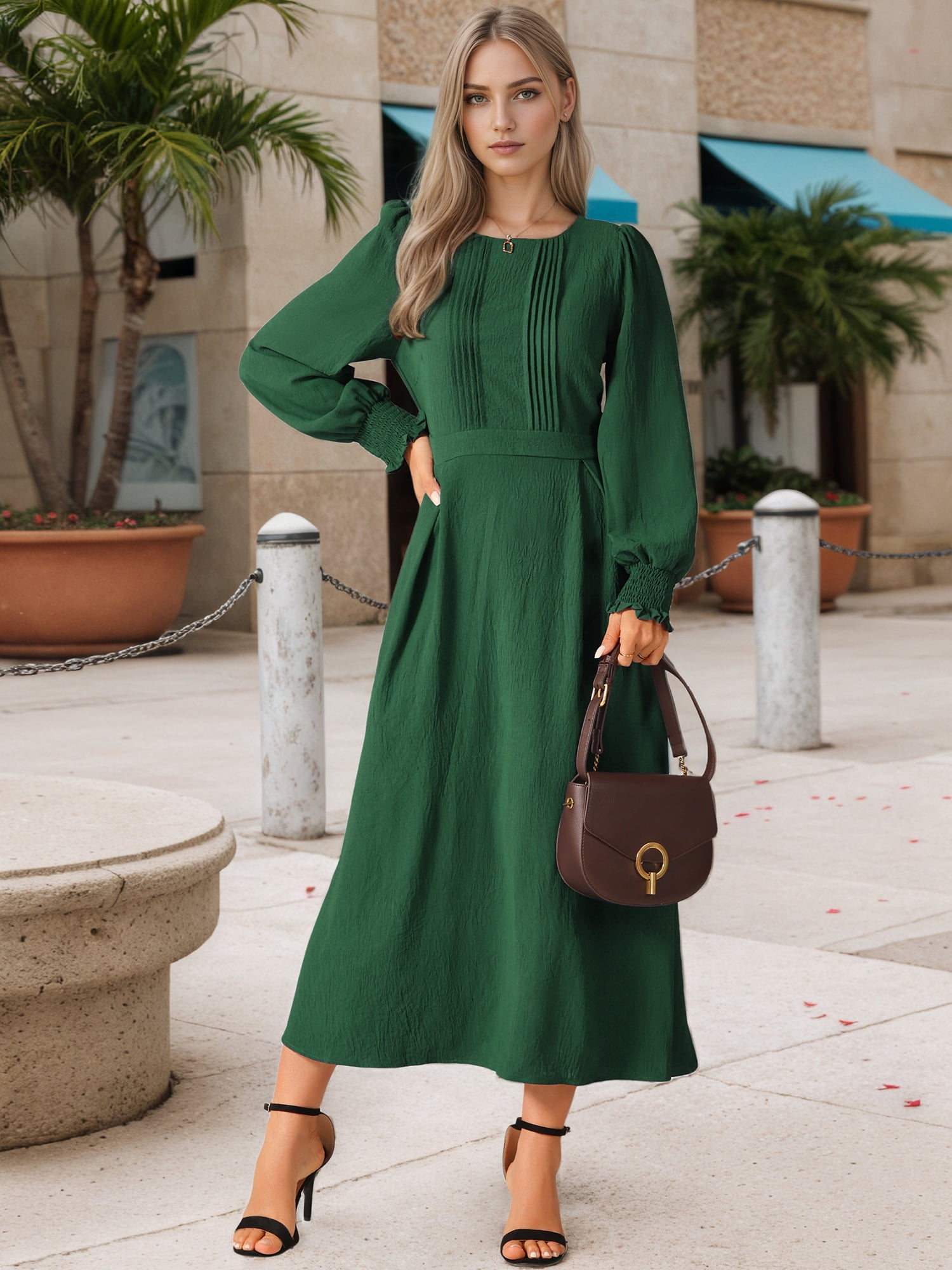 DARING DIVA Frilled Crewneck Long Sleeve Midi Fall Dress S Dark Green