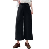 ABATAB Cotton Linen Pants for Women Wide Leg Drawstring Palazzo Trousers Beach Casual Vacation Summer Outfits with Pockets