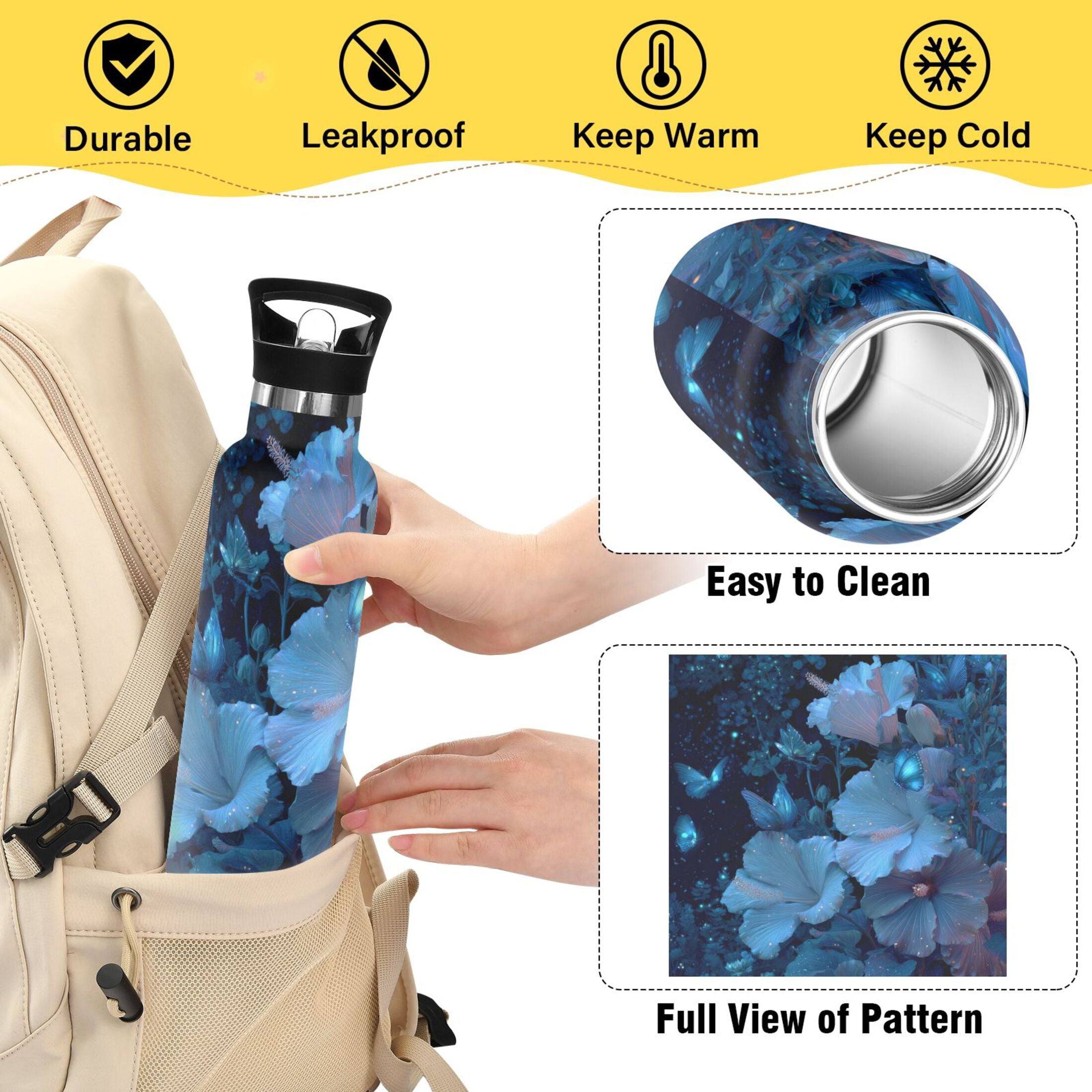 600ML Stainless Steel Insulated Cup Sports Water Bottle Portable Thermos Cup Water Glasses Insulated Tumblers Convenient and Durable Flowers and Butterflies