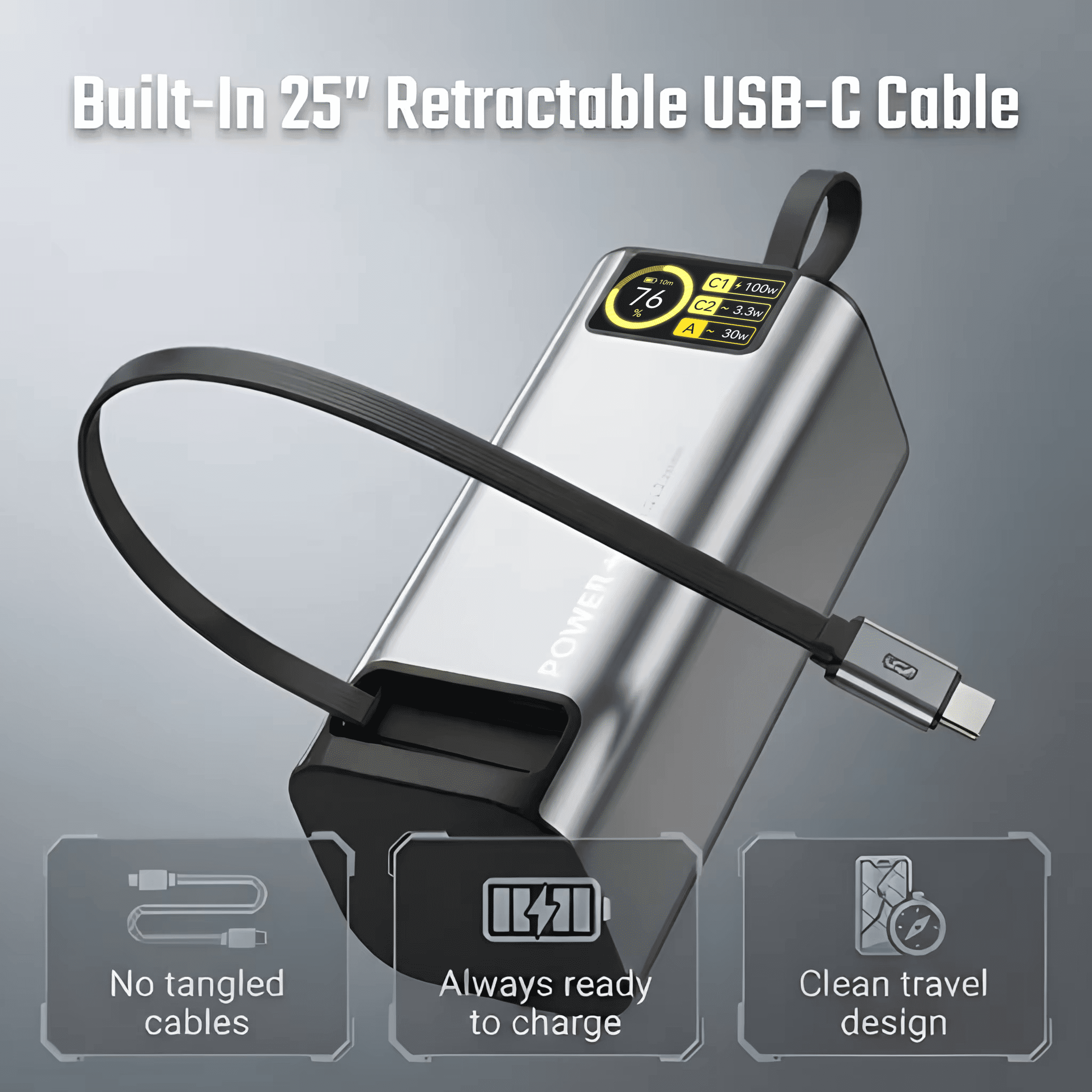 20000mAh Portable Charger Power Bank with Retractable USB-C Cable, 130W Power Pack for Phone Laptop and Tablet, Digital Display, USB-A and USB-C Ports