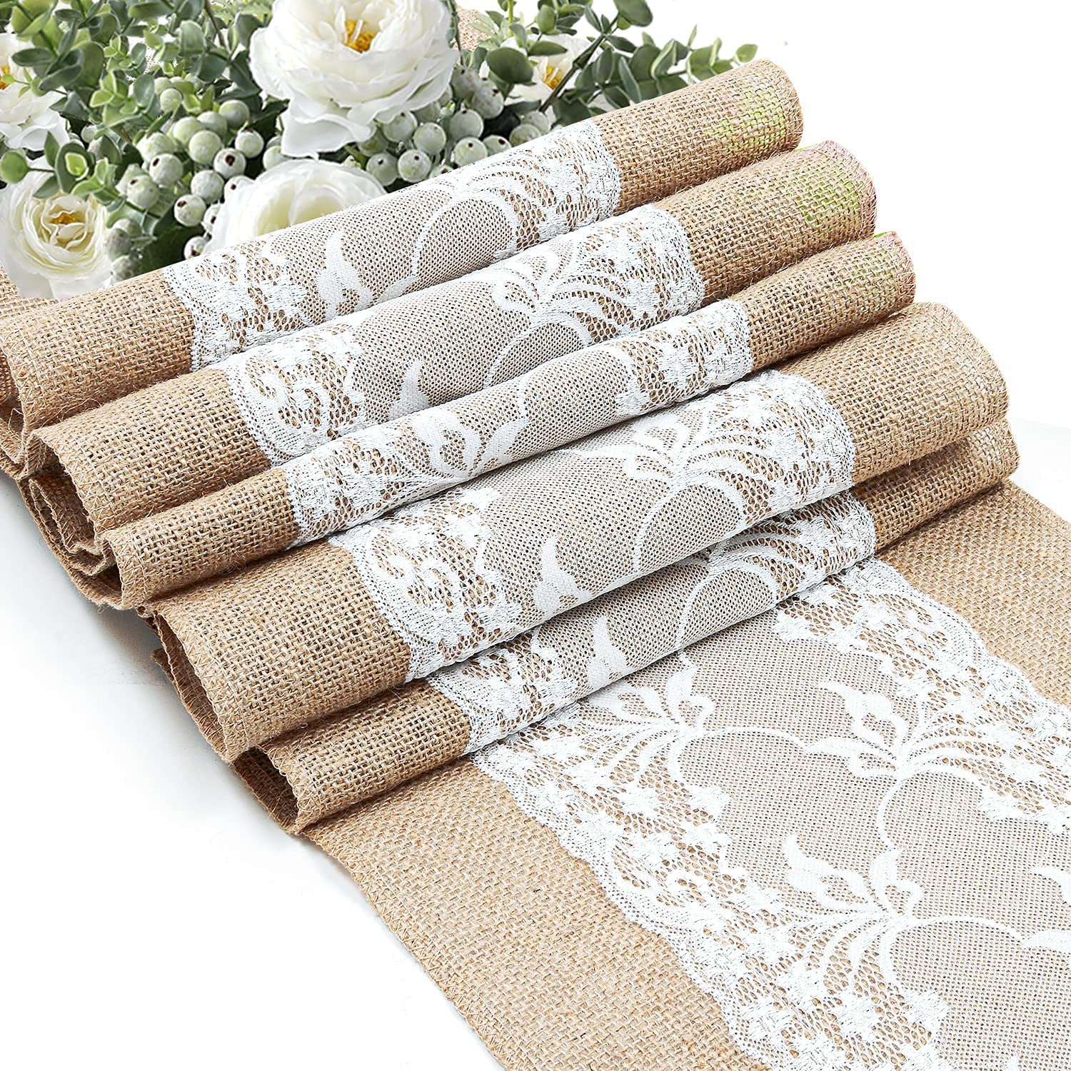 Husfou Burlap Table Runner with Lace, 12x72 inch Rustic Wedding Table
