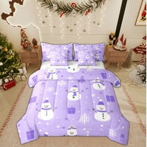 Feelyou Christmas Snowman Bedding Comforter Set 7 Pieces, Winter Wonderland Landscape Full Bedding Set, Purple Xmas Gift Reversible Fitted Sheet Flat Sheet, Luxury Bedroom Decor