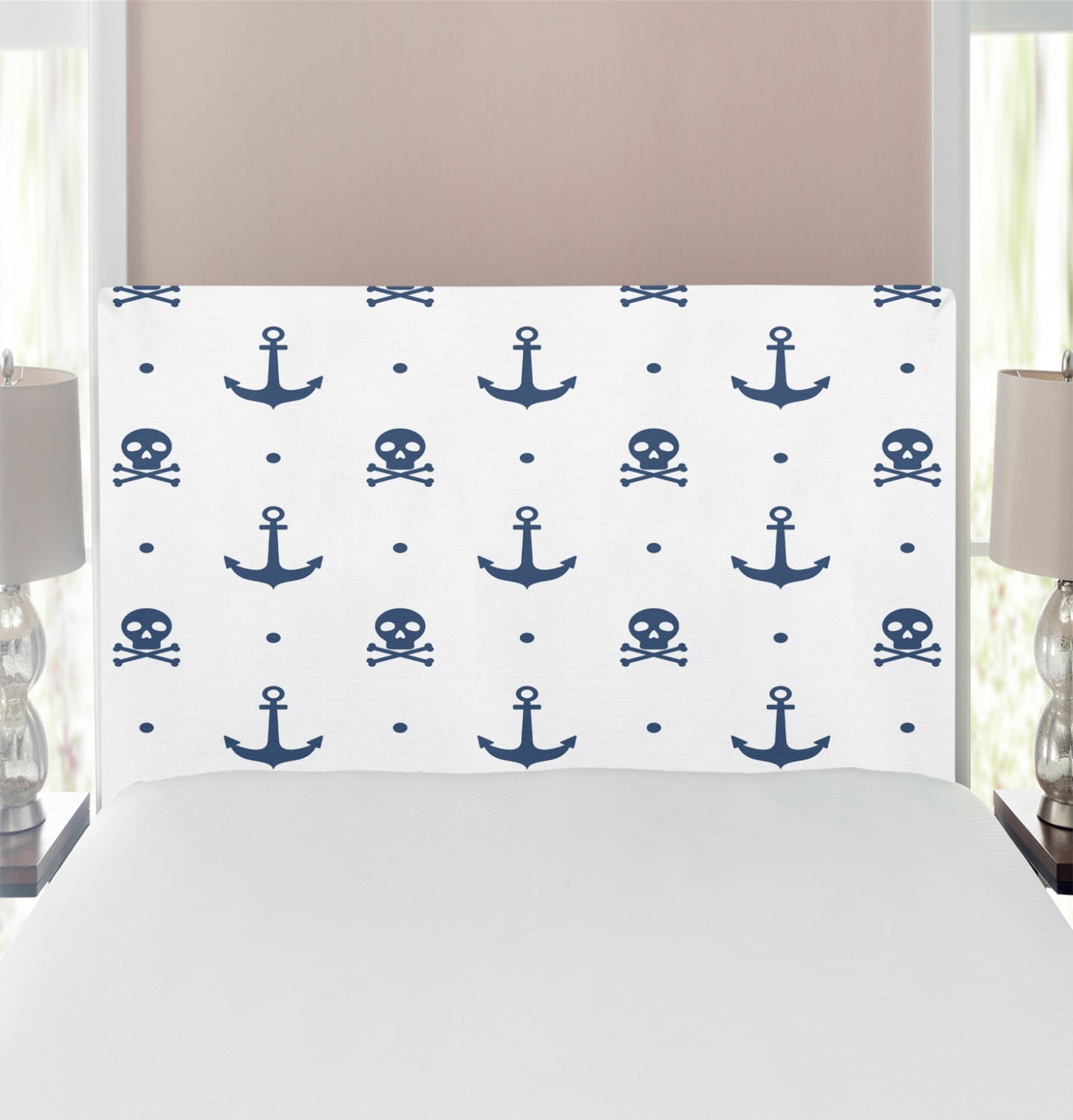 Marine Headboard, Anchors and Skulls Crossed Bones Dots Pirate Horror