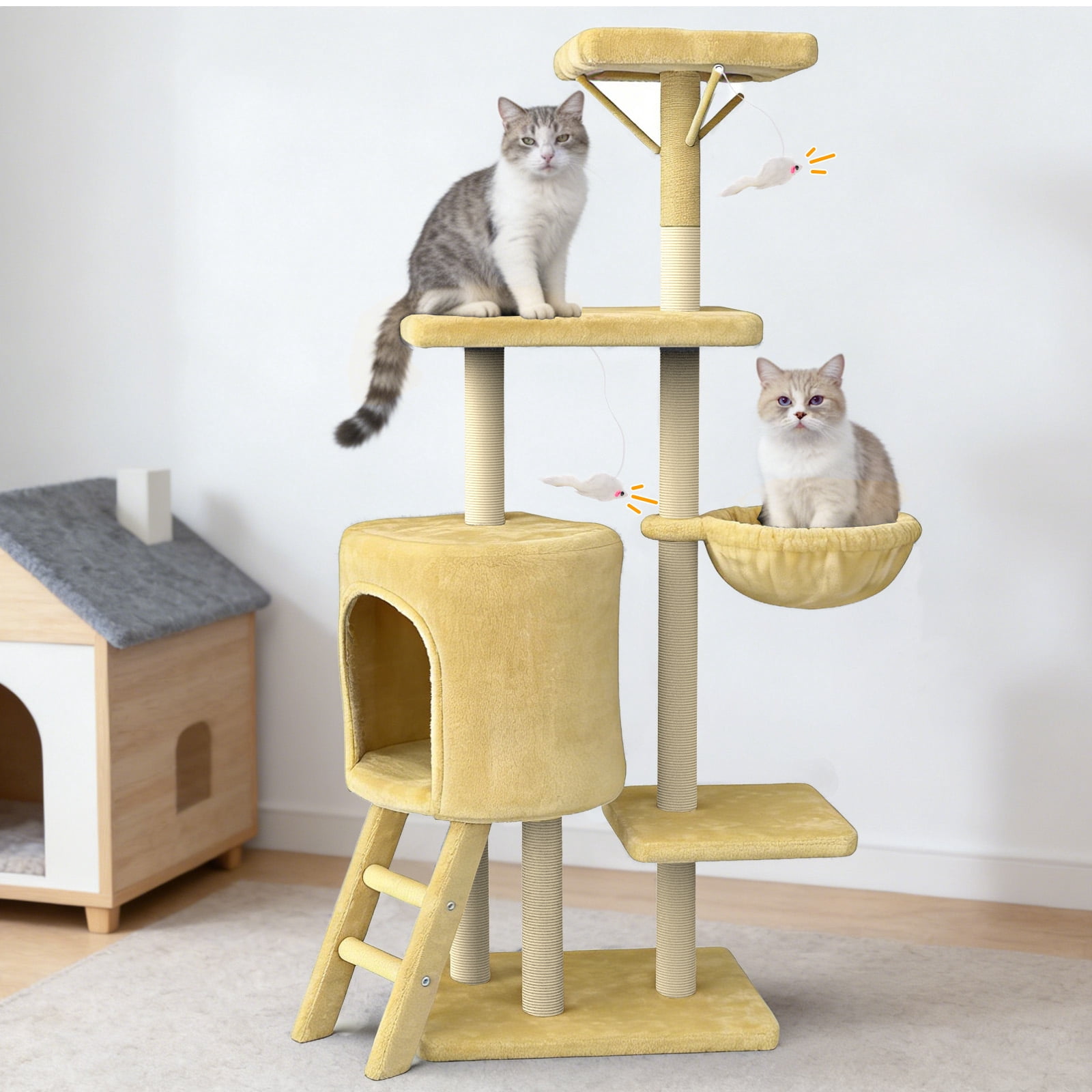 Cat Tree, 53in Cat Tower with Sisal Scratching Posts, Climbing Ladder, Hanging Toys, Pet House Furniture for Indoor Kittens, Beige