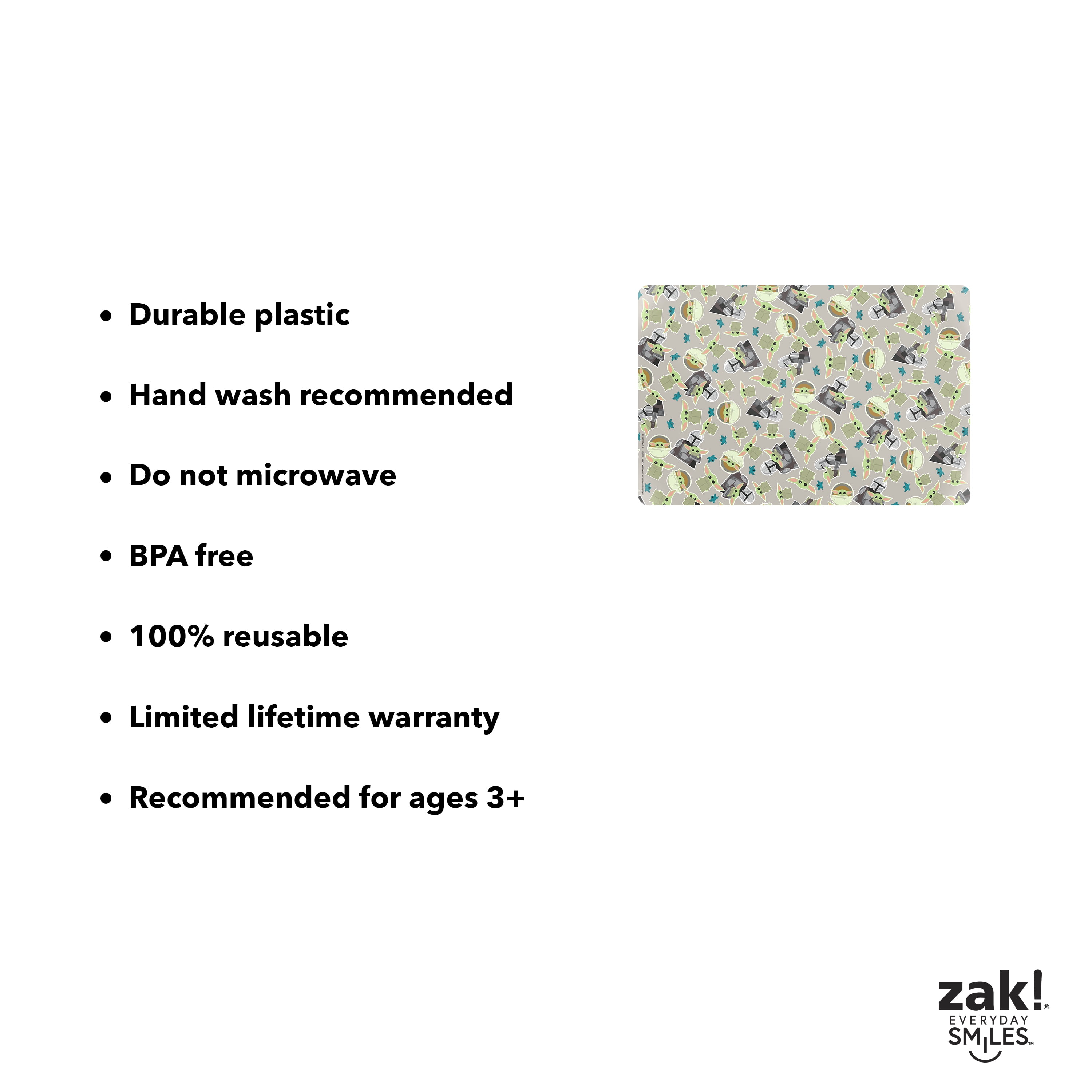 Zak Designs Star Wars Mandalorian Reusable BPA Free Plastic Kids Placemat, the child