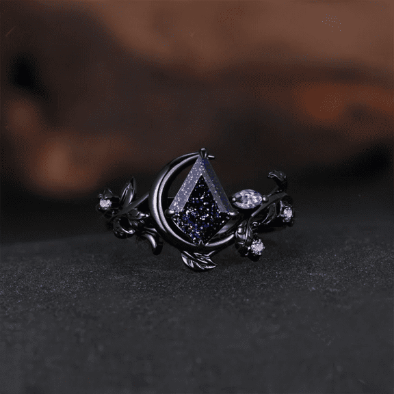 Gothic Kite Cut Blue Sandstone Engagement Ring- Crescent Moon Ring Galaxy Sandstone Wedding Ring Set in 14K Black Gold Vermeil