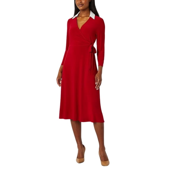 Evan Picone Women's 3/4 Sleeve Midi Wrap Dress Color: CRIMSON CREAM, Size: 6