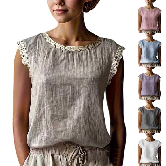 Women's Cotton Linen Sleeveless Shirt Lace Patchwork Casual Top