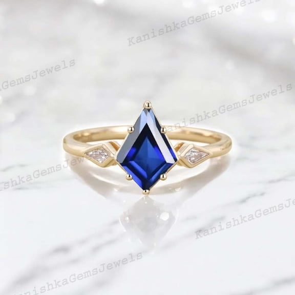 KANISHKAGEMS&JEWELS 9x7MM / 1.5Ct Sapphire Promise Ring September Birthstone Ring Yellow Gold Plated CZ Diamond Ring Bridal Wedding Women Gift Jewelry
