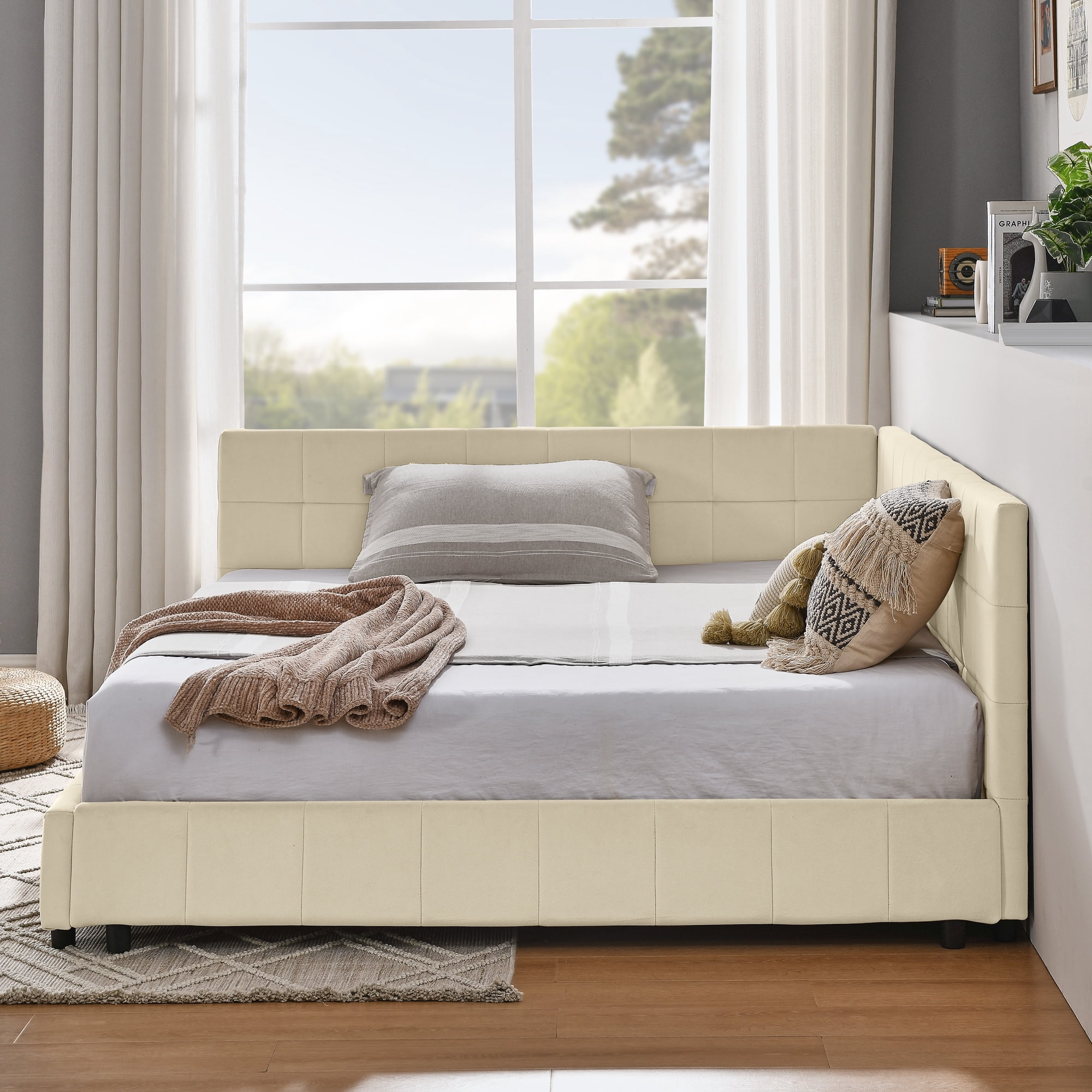 Full Size Upholstered Tufted Bed Frame, Sofa Bed Frame with Comfortable Backrest and Armrests, Full Size Bed for Bedroom, Living Room,Velvet