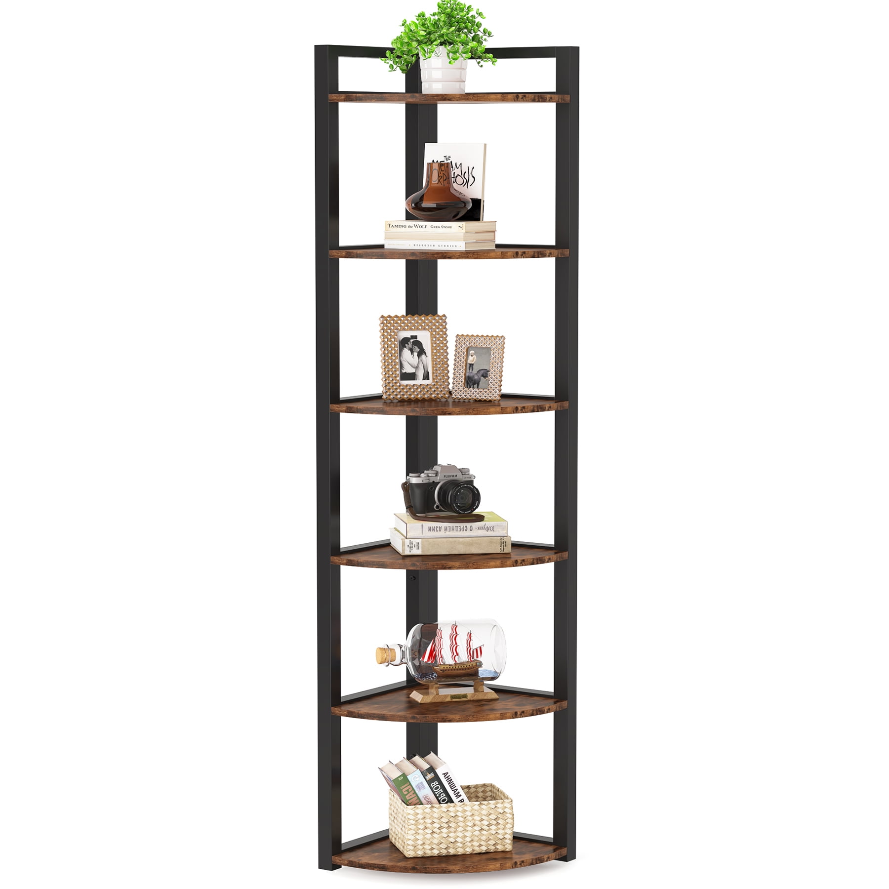 Fnova 70.9" 6-Tier Corner Shelf, Rustic Corner Bookshelf, Compact Storage Rack for Living Room, Home Office, Kitchen
