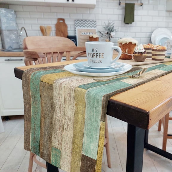 Wooden Teal Table Runners, Runner for Kitchen, Farmhouse Wood Rustic Planks Barn Door Non-Slip Linen Dining Room Table Runners for Family Dinner/Outdoor Indoor Party Home Decoration,13X72in