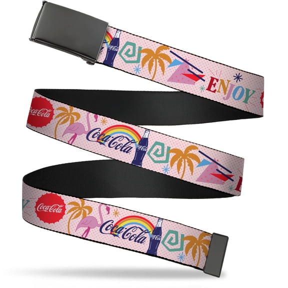 Adjustable Belt, Clamp Buckle, Cut-to-Fit, Coca Cola Enjoy Vibrant Icons Collage Pinks Multi Color