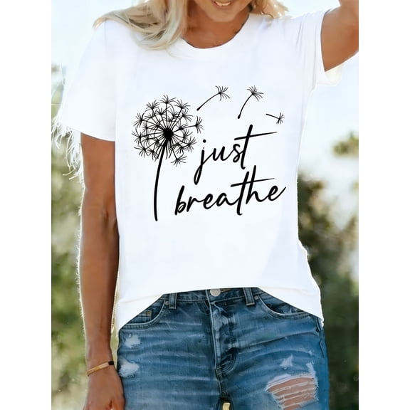 Women's Dandelion Graphic T-Shirt, Inspirational Floral Print Crew Neck Short Sleeve Tee, Casual Relaxing Mindfulness Summer Top, Soft Everyday Comfort Shirt, Nature Lover Gift