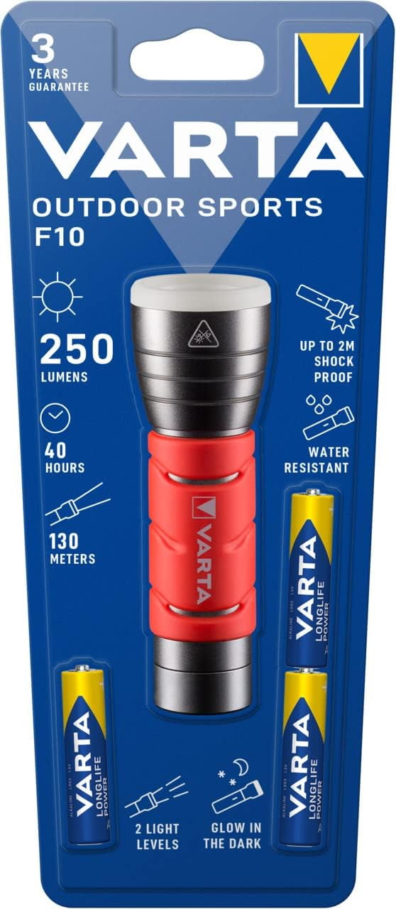 VARTA Power AA batteries Flashlight Light Torch Lamp, IPX4 splash-proof housing, Aluminum, Red