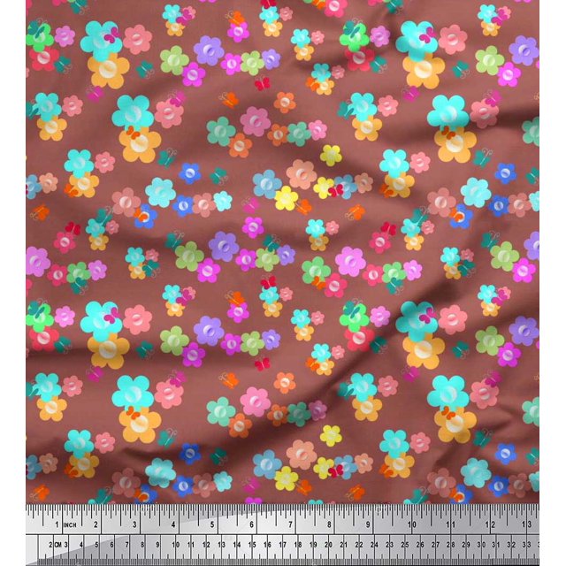 Soimoi Tissu en Soie Marron Imprimé Insectes & Floral par Yard 42 Pouces de Large