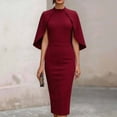 thumbnail image 2 of Womens Crew Neck Cape Sleeve Solid Color Slim Package Hip Dress Nightclub Dress Wine XL(XL), 2 of 5