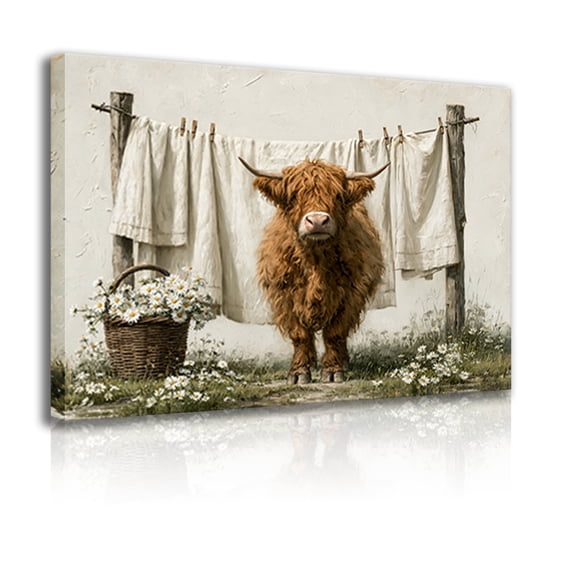 Fun Highland cow wall art canvas decorative frame, clothesline and daisy pattern, rustic animal theme, suitable for home décor in country farmhouses, laundry rooms and kitchens.