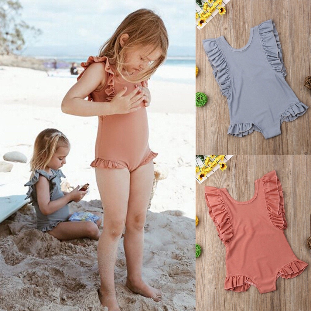 Infant Baby Girls Bikini Swimsuit Ruffles Solid Color Two Piece Bathing Beach Swimwear Sunsuit Beachwear
