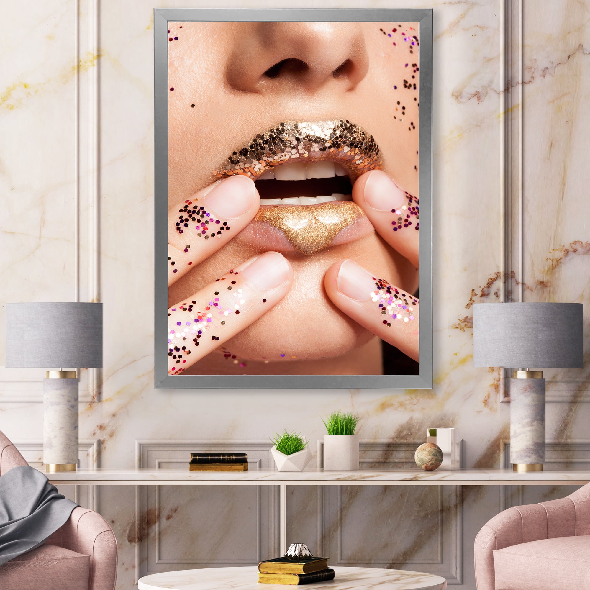 Designart 'Female With Golden Lips and Glitter On Her Hands' Modern Framed Art Print