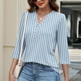 thumbnail image 4 of Bbyeadc Summer Blouses for Women 3/4 Length Sleeve Button Tops V Neck Striped Print Tee Elegant Summer Pullover,Blue(M), 4 of 5