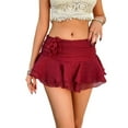 thumbnail image 3 of Women'S Mini Skirt Mesh Flowy Hem Y2K Skirts Multi-Layer Ruffle Trim Skort Red M, 3 of 9