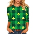 thumbnail image 2 of LEKWK St Patricks Day Shirt White Striped Shamrock Round Neck 3/4 Sleeve Casual Tops Clover Graphic Splice Festival Tee, 2 of 6