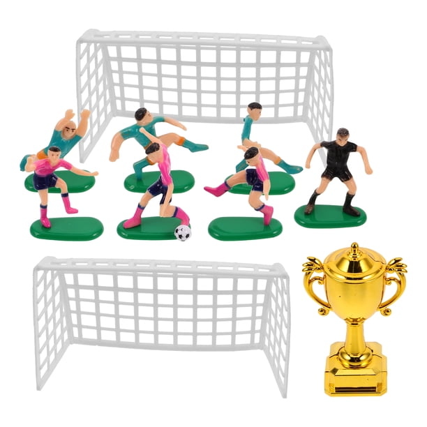 juego de trofeos en miniatura, mini portería de fútbol, modelo de jugador de fútbol pequeño para casa de muñecas, decoración de fiesta de fútbol, pequeños jugadores de fútbol de plástico, adorno par