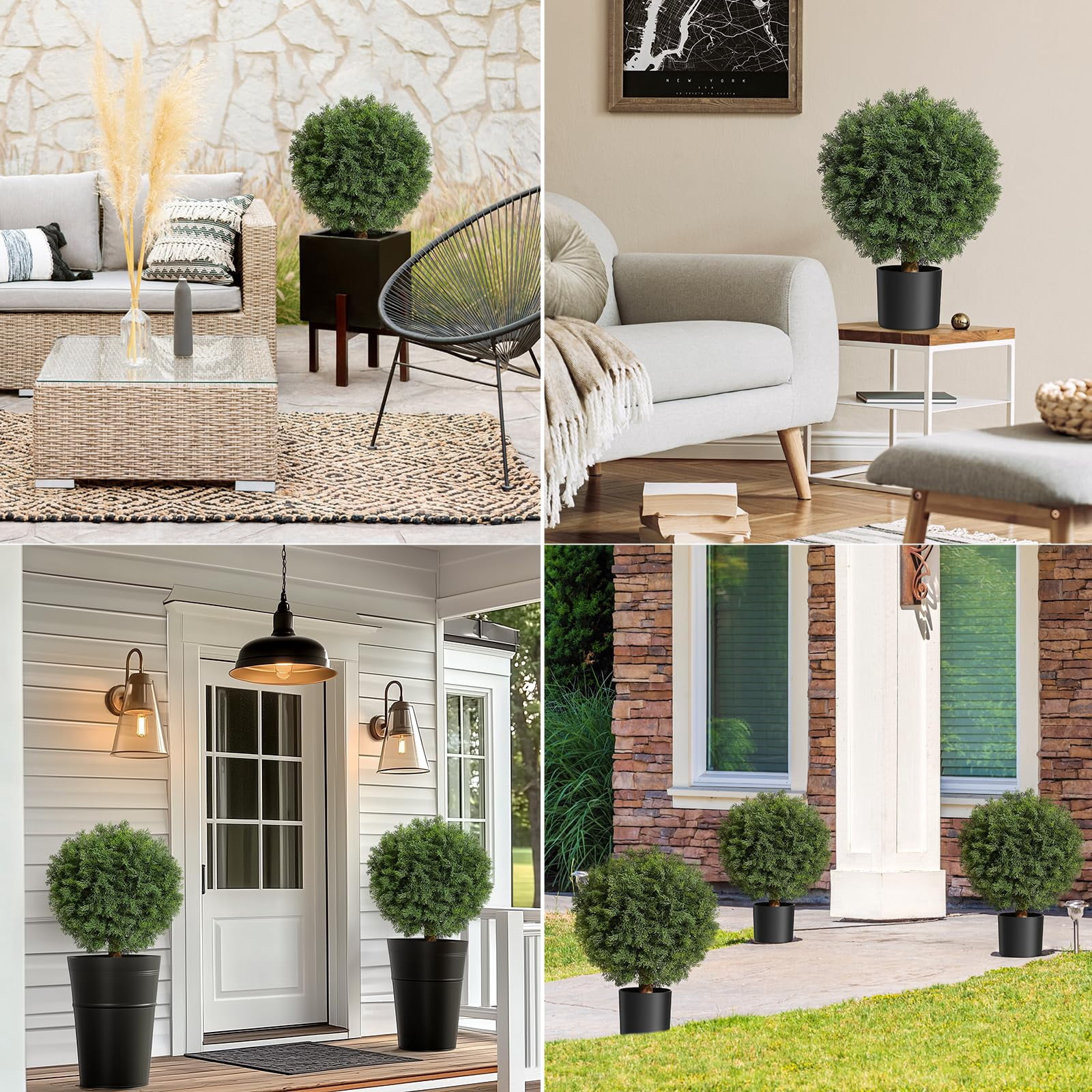Artificial Topiary Cedar Ball Tree 2pcs，17 in UV Resistant Fake Potted Plants In Black Nursery Pot,Artificial Trees for Porch Home Decor Housewarming