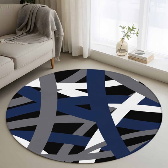 Round Rugs 3.3Ft, Navy Blue Black Geometric Round Area Rug Washable Indoor Throw Carpet, Modern Art Abstract Grey Line Soft Non Slip Circle Rug for Laundry Room Patio Home Decor Aesthetic