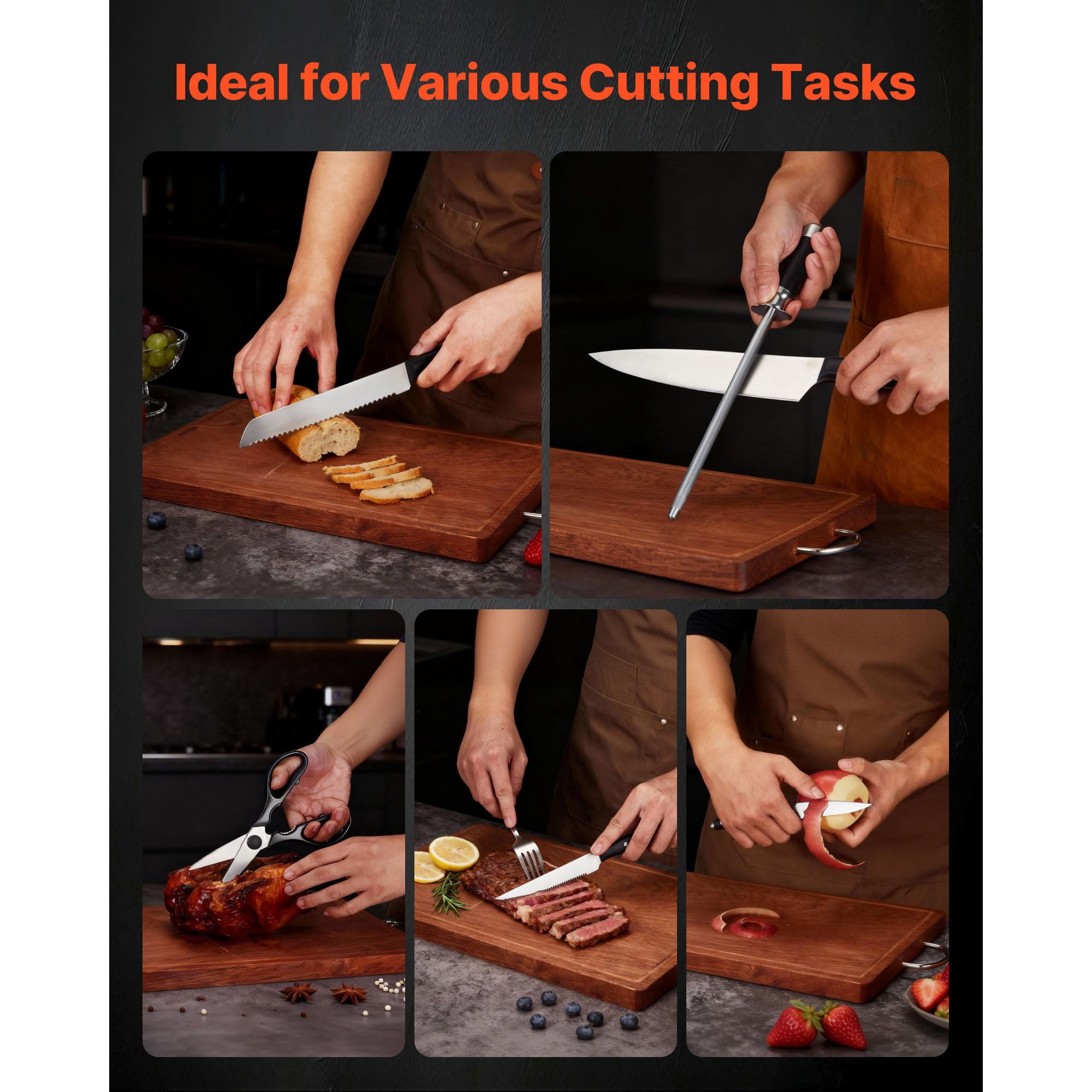 15-Piece Kitchen Knife Set with Wooden Block, 3CR13 High-Carbon Steel, Laser-Sharpened, Ergonomic Handles, Dishwasher Safe for Home Cooking