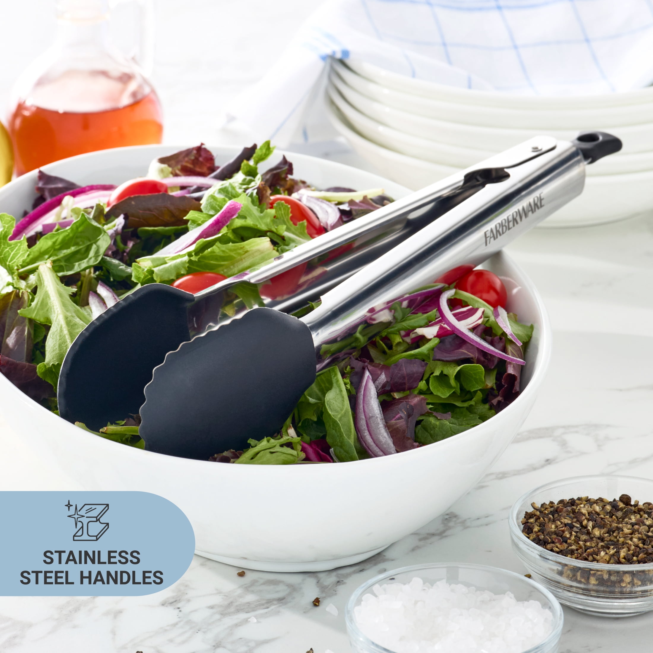 Farberware Professional 12.5-inch Locking Stainless Steel Food Tongs with Silicone Tip Black