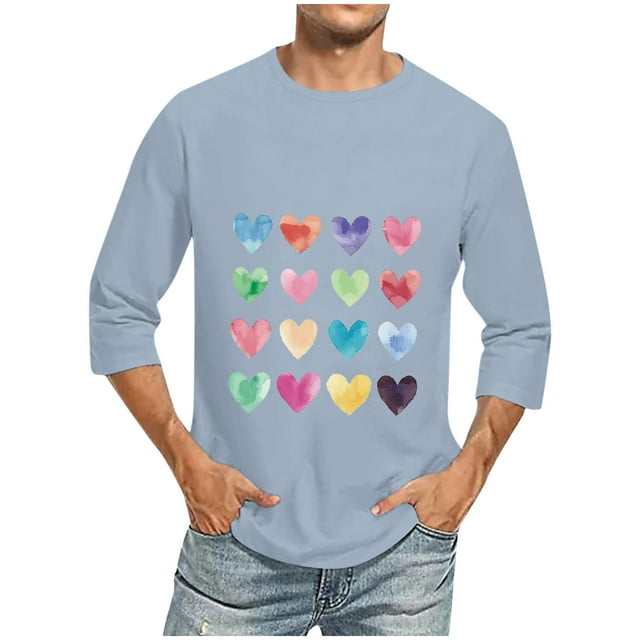 Camisas de Manga Larga para los Hombres Día de San Valentín Impresión Cuello Redondo Moda Casual, Mezcla de Poliéster de Lino de Algodón para Primavera Verano