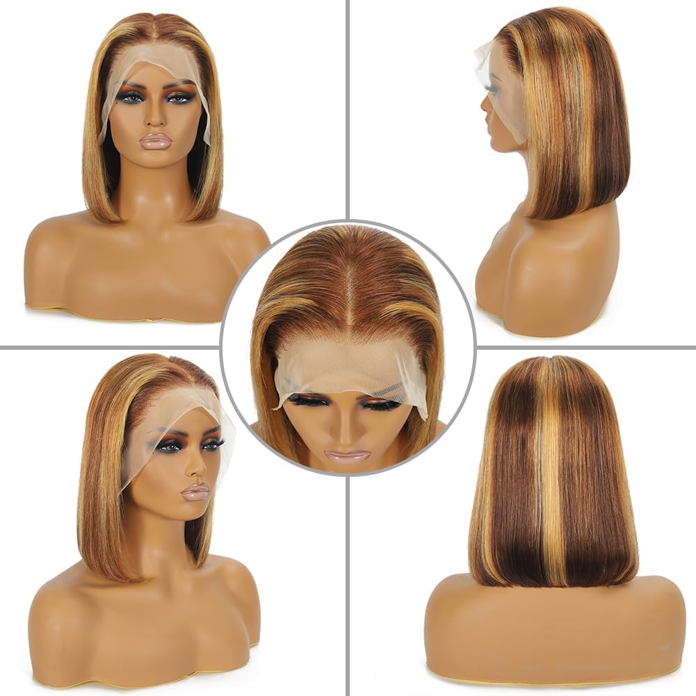 Highlight Ombre, 13x4 Lace Front, Glueless Short Bob Human Hair Wig, P4/27 Honey Blonde 8inch